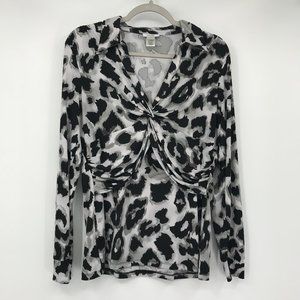 Cache Animal Print Grey Black Long Sleeve Stretch Layered V-Neck Top Size Large